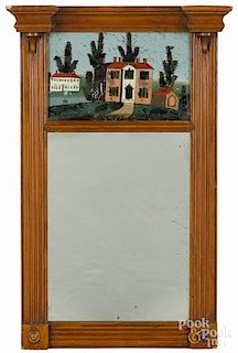 Sheraton pine mirror, 19th c., with an églomisé panel of a house, 21'' h., 12'' w.