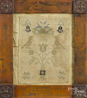 Chester County, Pennsylvania needlework sampler, early 19th c., initialed HS, with birds, a tulip