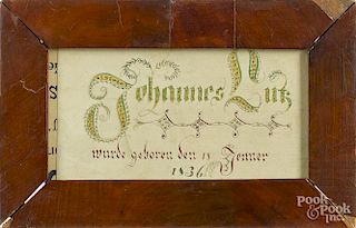 Two Pennsylvania ink and watercolor fraktur, inscribed Johannis Lutz, one dated 1801