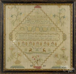 Silk on silk needlework sampler, dated '97, and initialed SP, with stag and potted flower