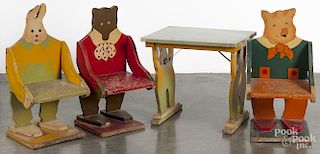 Child's painted table and three chairs, early 20th c., probably Schoenhut, in the form of animals.