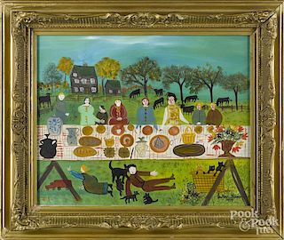 Barbara Strawser (American 20th/21st c.), watercolor and gouache of a family picnic, signed