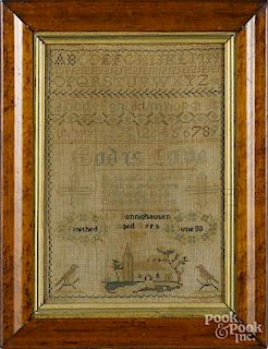 Silk on linen sampler, dated 1832, wrought by L. Bonnighausen, 12'' x 8 1/2''.
