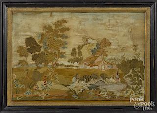 English wool pictorial needlework, early 19th c., 16'' x 24''.