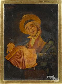 Oil on canvas, early 20th c., of a man with an accordion, signed P Massani, 14'' x 10''.