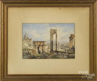 Continental watercolor and pencil of classical ruins, late 19th c., signed Manchi?, 8'' x 11 1/4''.