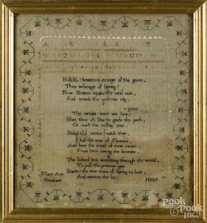 English silk on linen sampler, dated 1809, wrought by Mary Ann Henshaw, 14'' x 12 1/2''.
