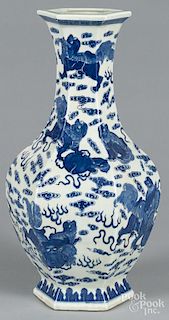 Chinese blue and white hexagonal vase, 20th c., 20 1/2'' h.