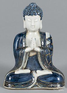 Chinese blue and white porcelain praying Buddha, 20th c., 10 1/2'' h.