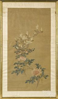 Oriental watercolor scroll, 38'' x 19 3/4''.