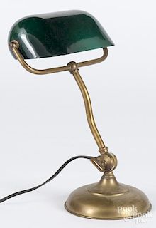 Brass desk lamp with an emerald green shade, marked Emeralite, 14'' h.