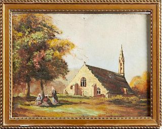 French School, "The Village Church," 19th c., oil