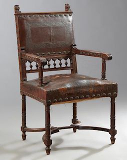 French Henri II Style Carved Walnut and Leather Fa