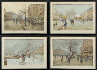 Set of Four Vintage Colored Prints of Parisian Str