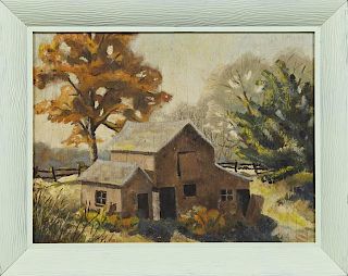 American School, "Barn In Autumn," 20th c., oil on