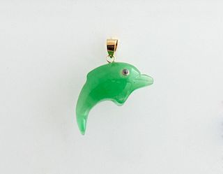 14K Yellow Gold Jade Dolphin Pendant, with ruby ey