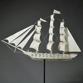Large White-painted Sheet Iron and Wood Three-masted Ship Weathervane