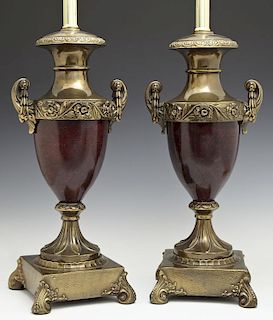 Pair of Faux Bois Iron and Brass Urn Lamps, 20th c