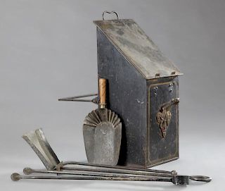 French Iron Coal Bucket, 19th c., with painted gil