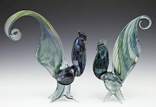 Pair of Murano Glass Roosters, 20th c., Larger- H.