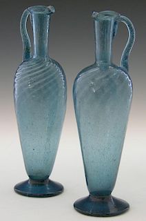 Near Pair of Blue Blown Glass Footed Ewers, 19th c