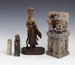 Group of Four Chinese Carved Soapstone Items, earl