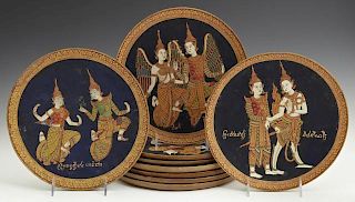 Group of Seven Thai Painted Circular Mahogany Plaq