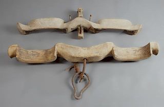 Two French Provincial Wood and Cast Iron Double Ox