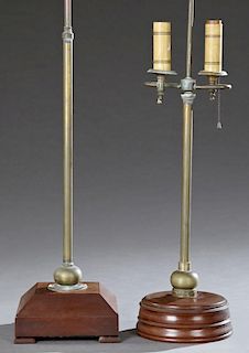 Two Brass and Mahogany Table Lamps, 20th c., one o