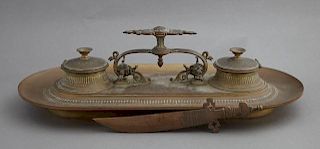 French Patinated Bronze Inkstand, c. 1870, the cen