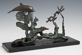 Patinated Bronze of Dolphins and Undersea Life, 20