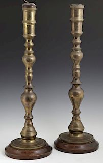 Pair of Middle Eastern Brass Candlesticks, early 2