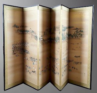 Oriental Six Panel Dressing Screen, 20th c., with
