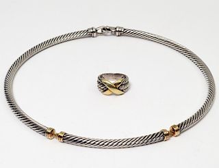 DAVID YURMAN FOURTEEN KARAT YELLOW GOLD AND STERLING SILVER NECKLACE AND RING