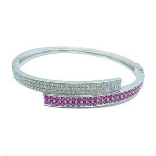Fine Jewelry 1.42ct Pink Sapphire 0.77ct Diamond Bangle Bracelet 18K White Gold