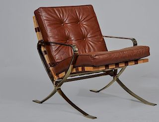 BARCELONA STYLE WOOD, METAL AND LEATHER ARMCHAIR
