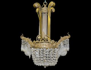 EMPIRE STYLE GILT BRONZE AND GLASS FOUR LIGHT CHANDELIER