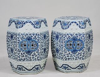 PAIR OF BLUE AND WHITE PORCELAIN GARDEN SEATS