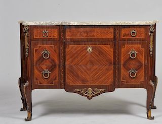 LOUIS XV STYLE GILT BRONZE MOINTED INLAID MAHOGANY COMMODE