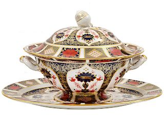 ROYAL CROWN DERBY PORCELAIN TUREEN, COVER AND TRAY