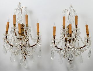 PAIR OF EMPIRE STYLE GILT BRONZE AND GLASS FIVE LIGHT SCONCES
