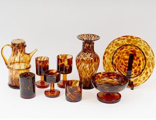 SIXTY-FOUR PIECE BROWN AND TAN GLASS TABLE SERVICE