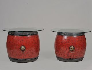PAIR OF DECORATIVE RED LACQUERED DRUMS