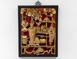CARVED, GILT AND PAINTED WOOD PANEL