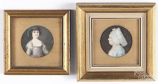 Two miniature watercolor on ivory portraits, early/mid 19th c., 2'' dia.