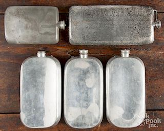 Three Abercrombie and Fitch pewter flasks, together with two others, tallest - 11 1/2''.