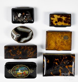 Seven assorted dresser boxes/articles, to include burl, tortoiseshell, and lacquer examples.