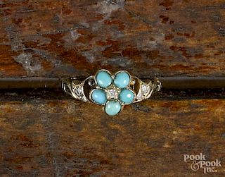 Early 14K yellow gold ring with five turquoise cabochons in the shape of a flower