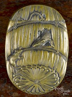 Embossed brass mice and basket match vesta safe, ca. 1900, 2 1/2'' l.