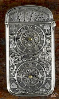 Nickel-plated gambling match vesta safe, ca. 1900, with two roulette wheels